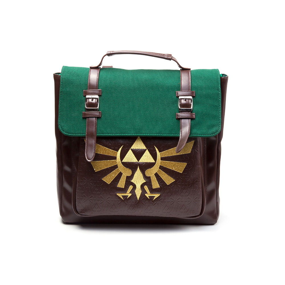 NINTENDO Legend of Zelda Golden Embroidered Hylian Royal Crest Emblem with Embossed Triforce Emblem Pattern Backpack, Brown/Green