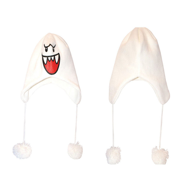 NINTENDO Super Mario Bros. Boo Ghost Face Ski Beanie with Poms, One Size, White (KC149521NTN)