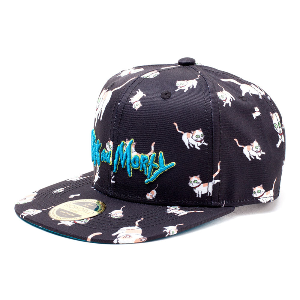 RICK AND MORTY Embroidered Logo and Cats All-over Print Snapback Baseball Cap, Black/Blue (SB008476RMT)