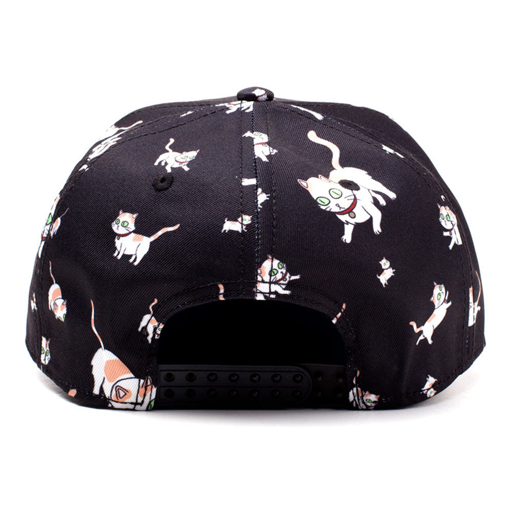 RICK AND MORTY Embroidered Logo and Cats All-over Print Snapback Baseball Cap, Black/Blue (SB008476RMT)