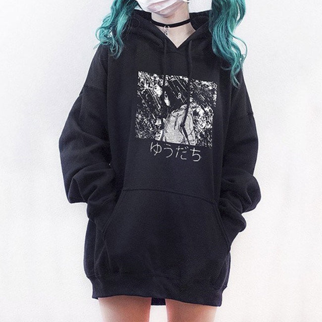 Harajuku Cartoon Anime Girl Print Women Hoodies Gothic Punk Oversize Velvet Hooded Sweatshirt Pullover Streetwear Hoody