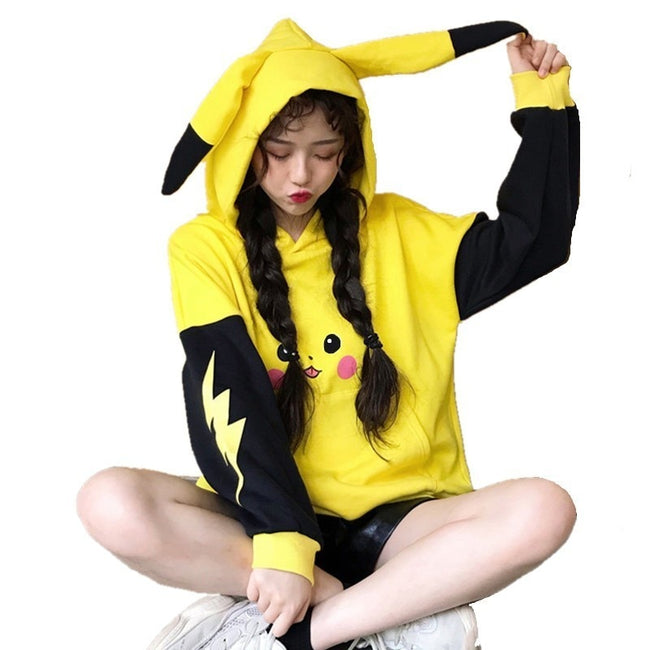 Women Pokemon Pikachu Print Hoodies Anime Kawaii Girls Cute Long Ears Oversized Hooded Sweatshirts Plus Velvet Autumn Pullovers