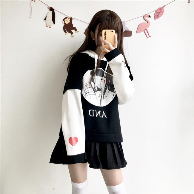 Women Harajuku Hoodies Black White Kawaii Janpanese Anime Printed Patchwork Hooded Sweatshirts Sweet Heat Girl's Cute Clothes