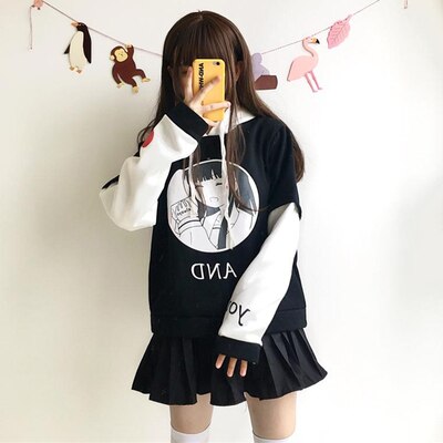Women Harajuku Hoodies Black White Kawaii Janpanese Anime Printed Patchwork Hooded Sweatshirts Sweet Heat Girl's Cute Clothes