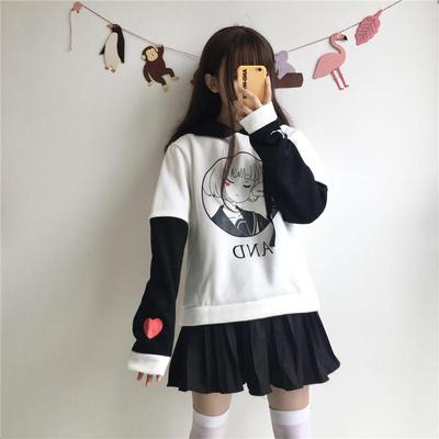 Women Harajuku Hoodies Black White Kawaii Janpanese Anime Printed Patchwork Hooded Sweatshirts Sweet Heat Girl's Cute Clothes