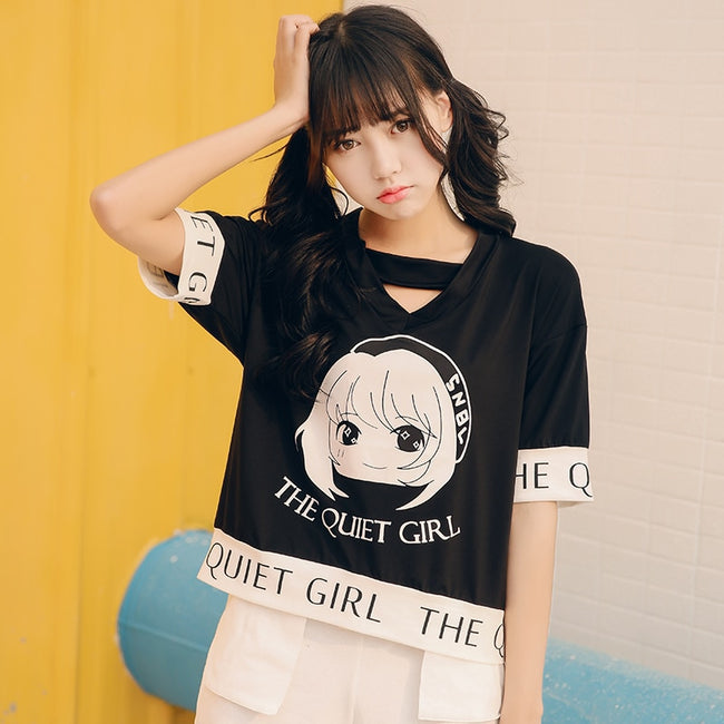 Harajuku Japanese kawaii V-neck t shirt Women Summer Cartoon anime Printing T-shirts Female loose short sleeve black tshirt tops