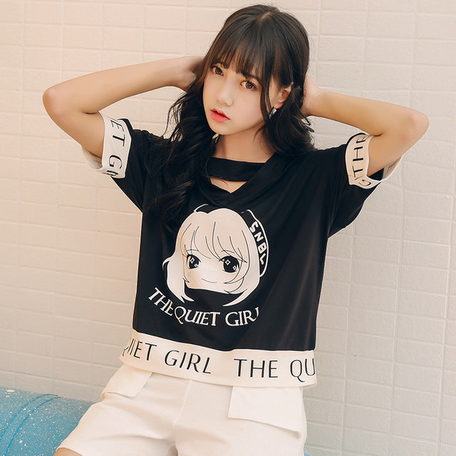 Harajuku Japanese kawaii V-neck t shirt Women Summer Cartoon anime Printing T-shirts Female loose short sleeve black tshirt tops