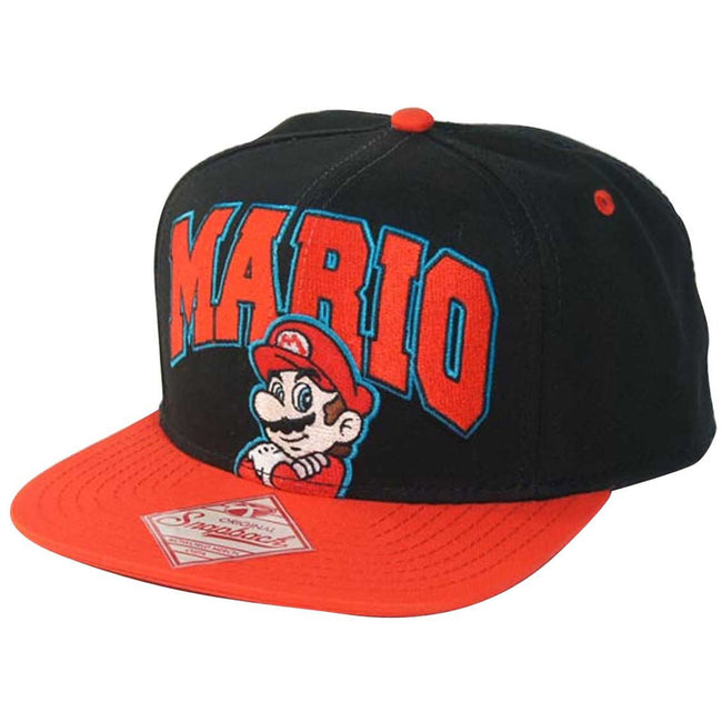 NINTENDO Super Mario Bros. Embroidered Mario Logo & Character with Luminous Colours Snapback Baseball Cap, One Size, Black/Red (SB0GDESMB)