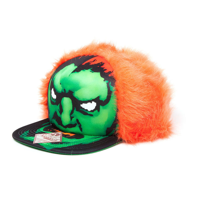 CAPCOM Street Fighter Blanka Character Face with Orange Hair Snapback Baseball Cap, One Size, Black/Green/Orange