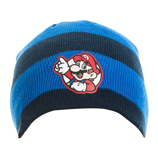 NINTENDO Super Mario Bros. Striped Mario Badge Beanie, One Size, Blue/Black (KC08M0SMB)