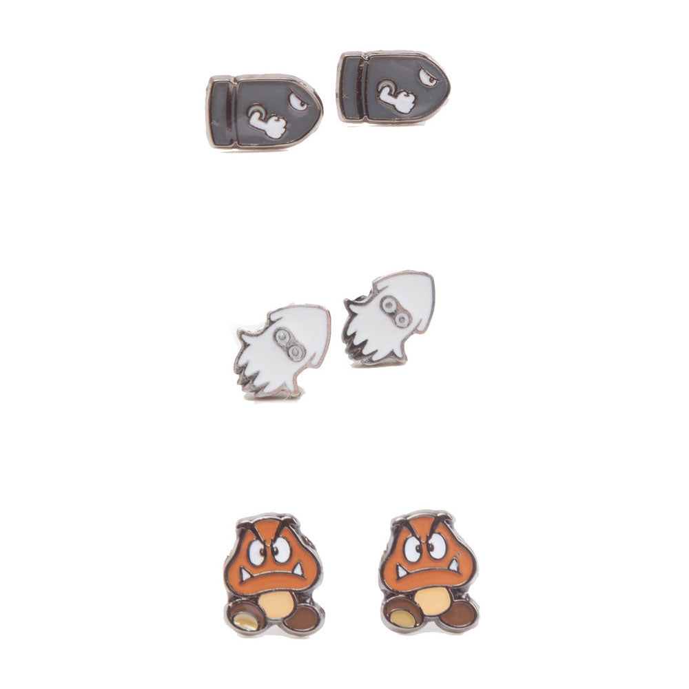 NINTENDO Super Mario Bros. Enemies Metal Stud Earrings, 3 Pair Set, Multi-colour