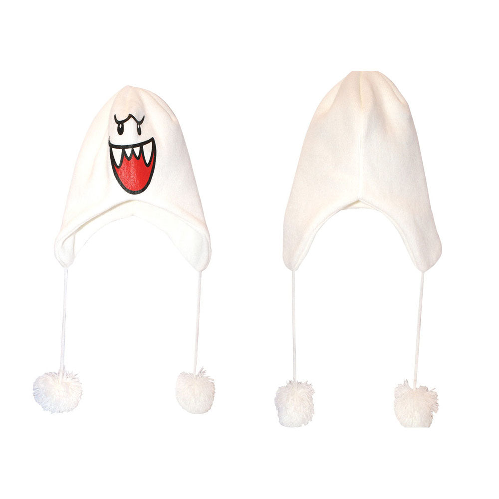 NINTENDO Super Mario Bros. Boo Ghost Face Ski Beanie with Poms, One Size, White (KC149521NTN)