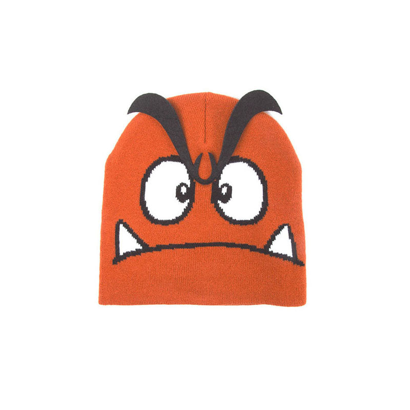 NINTENDO Super Mario Bros. Goomba Face Cuffless Beanie with 3D Eyebrows, One Size, Orange (KC170211NTN)