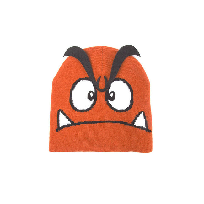 NINTENDO Super Mario Bros. Goomba Face Cuffless Beanie with 3D Eyebrows, One Size, Orange (KC170211NTN)