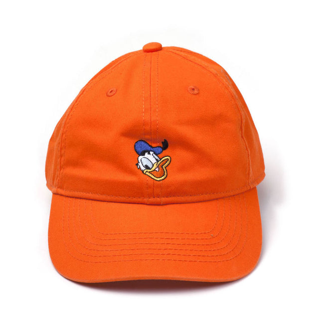 DISNEY Donald Duck Embroidered Face Stone Washed Denim Dad Cap, Orange (BA456701DON)