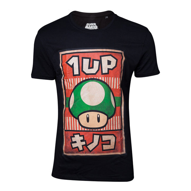 NINTENDO Super Mario Bros. Propaganda 1UP Mushroom Poster T-Shirt, Male, Extra Large, Black (TS160527NTN-XL)