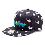 RICK AND MORTY Embroidered Logo and Cats All-over Print Snapback Baseball Cap, Black/Blue (SB008476RMT)