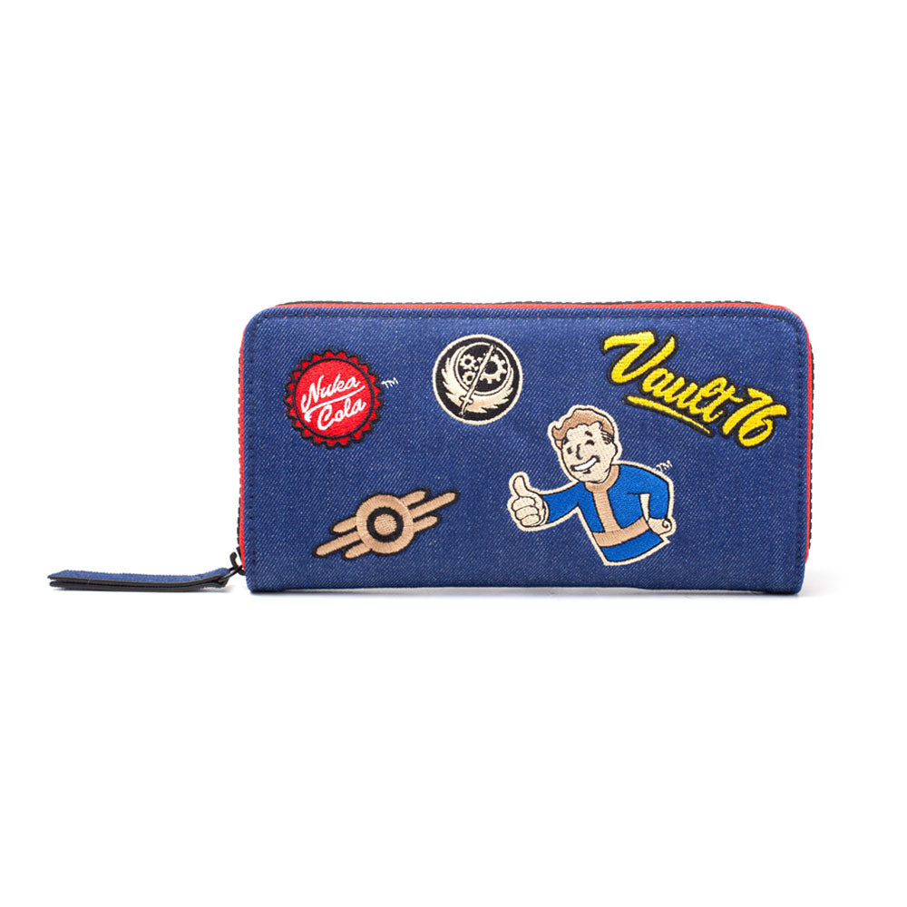 FALLOUT 76 Vault 76 Denim with Embroidered Patches Purse Wallet with All-Around Zip, Female, Blue/Red (GW375444FAL)