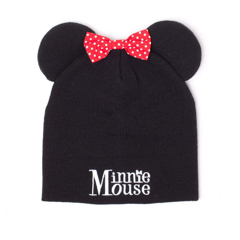 DISNEY Minnie Mouse Beanie with Ears and Pink Bow, Unisex, Black (KC352803MIN)