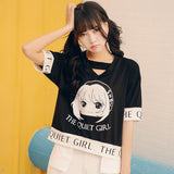 Harajuku Japanese kawaii V-neck t shirt Women Summer Cartoon anime Printing T-shirts Female loose short sleeve black tshirt tops